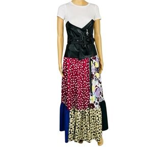 Tov Los Angeles Cotton Faux Leather Dress Patchwork Floral Maxi Zip Up Ruffle